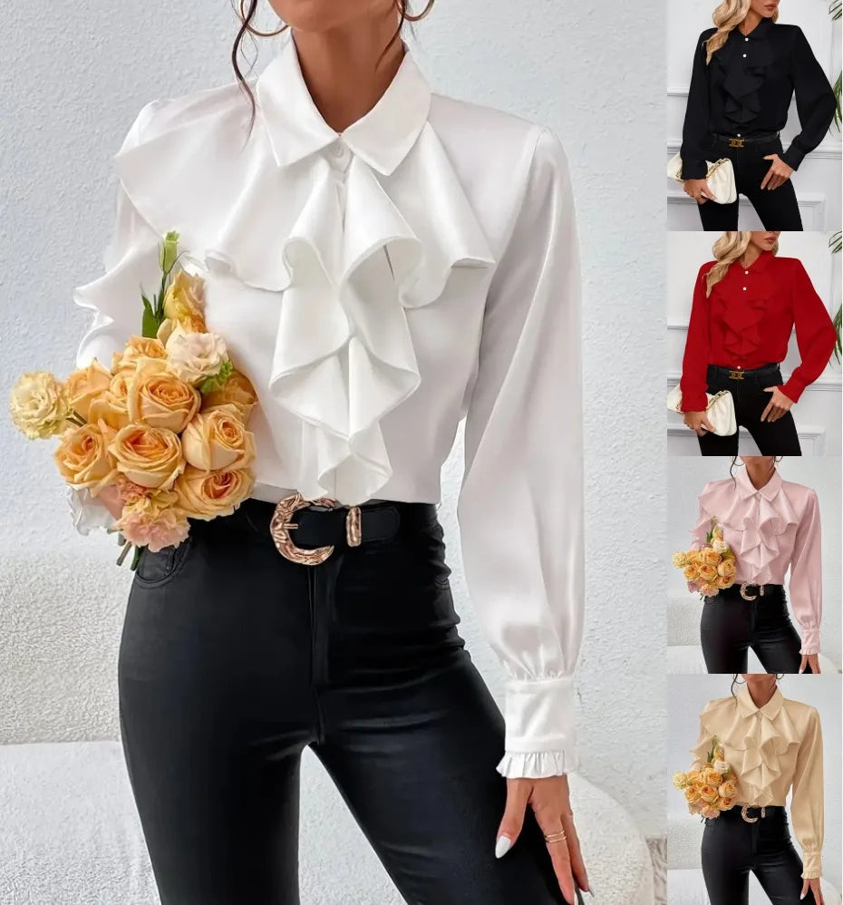 White Ruffled Lapel Blouse - Long Sleeve, Office Chic