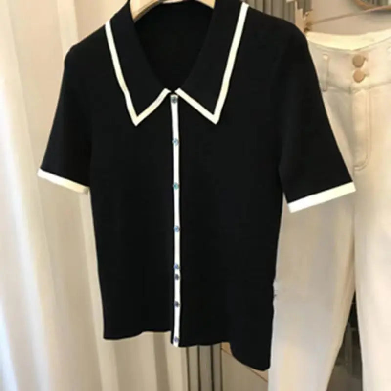 Black & White Patchwork Polo Shirt - Casual Knit Short Sleeve