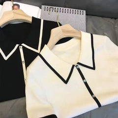 Black & White Patchwork Polo Shirt - Casual Knit Short Sleeve