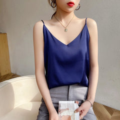 Real Silk V-Neck Sleeveless Top - Black/White, Spring 2023