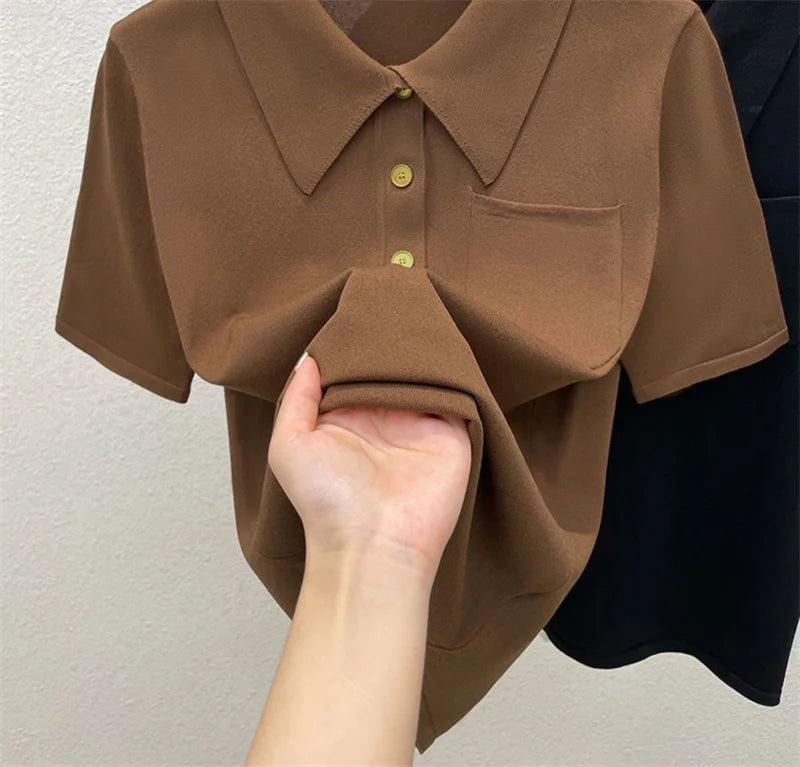 2024 Ice Silk Polo Top - Short Sleeve, Button Pocket Design