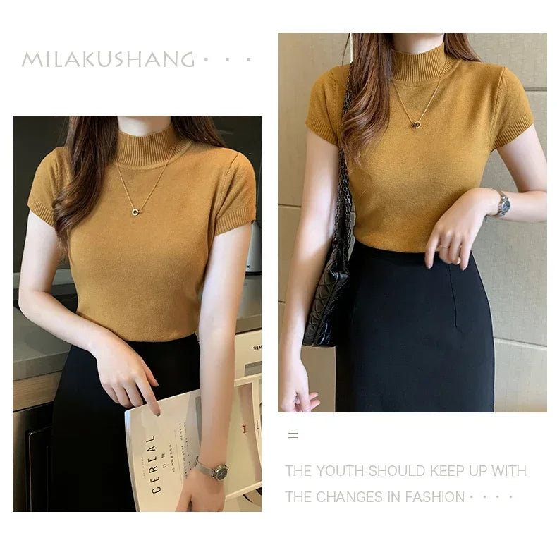 2024 Summer Turtleneck Knit Blouse - Short Sleeve