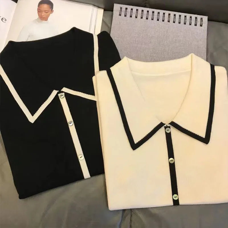 Black & White Patchwork Polo Shirt - Casual Knit Short Sleeve
