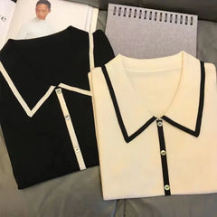 Black & White Patchwork Polo Shirt - Casual Knit Short Sleeve