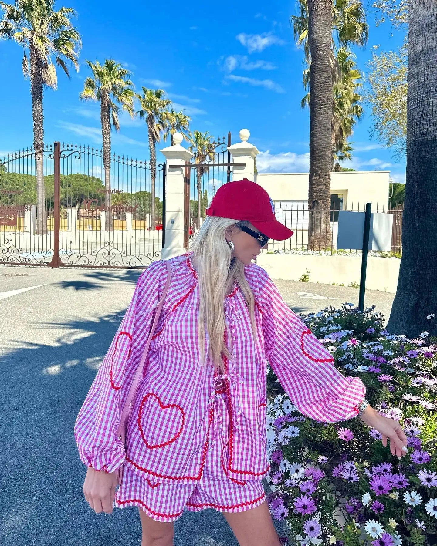 Plaid Heart Patchwork Blouse - V-Neck Lace-Up Long Sleeve