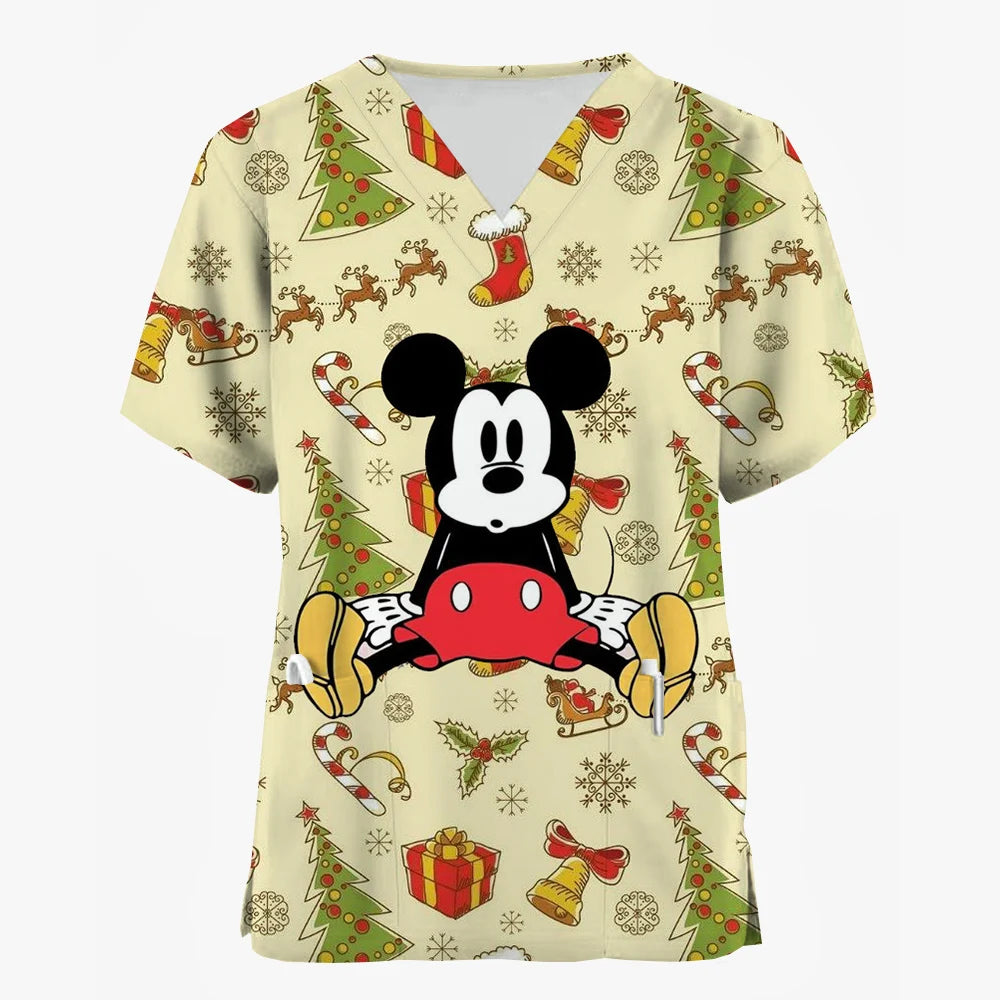 Mickey Mouse V-Neck Nursing Scrub Top - Christmas Print