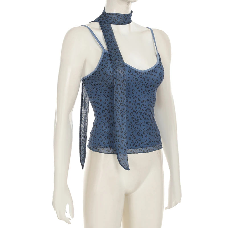 Leopard Print Mesh Camisole - Double Layer, Backless Y2K Style