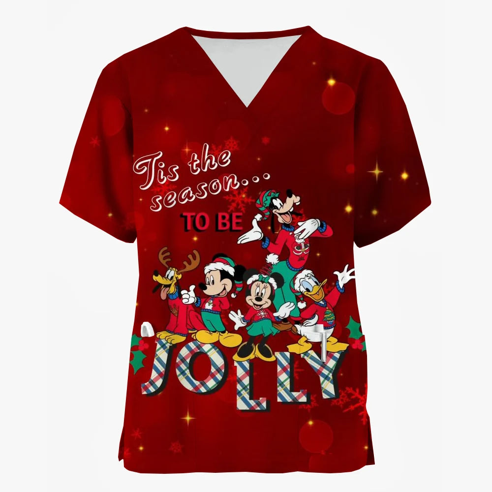 Mickey Mouse V-Neck Nursing Scrub Top - Christmas Print