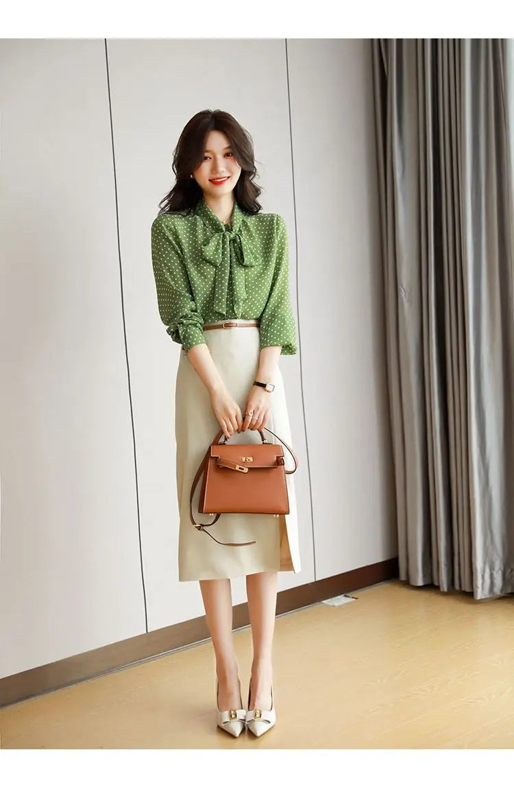 Polka Dot Shawl Collar Blouse - Bow Detail, Long Sleeve