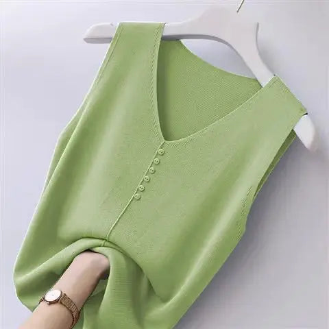 Ice Silk V-Neck Tank Top - Loose Fit Knitted Sleeveless Casual Outerwear for Women (S-6XL)