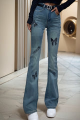 High Waist Slim Fit Rhinestone Embroidered Jeans – Elegant Fall Denim