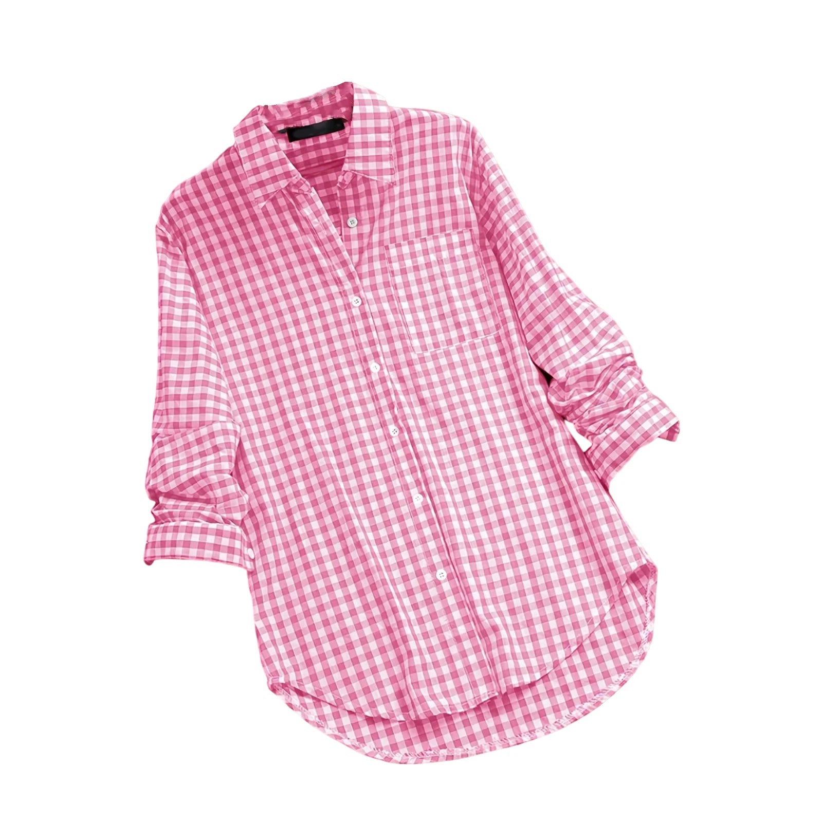 Plaid Cotton-Linen Tunic - V-Neck Roll-Up Sleeve Button-Down Shirt