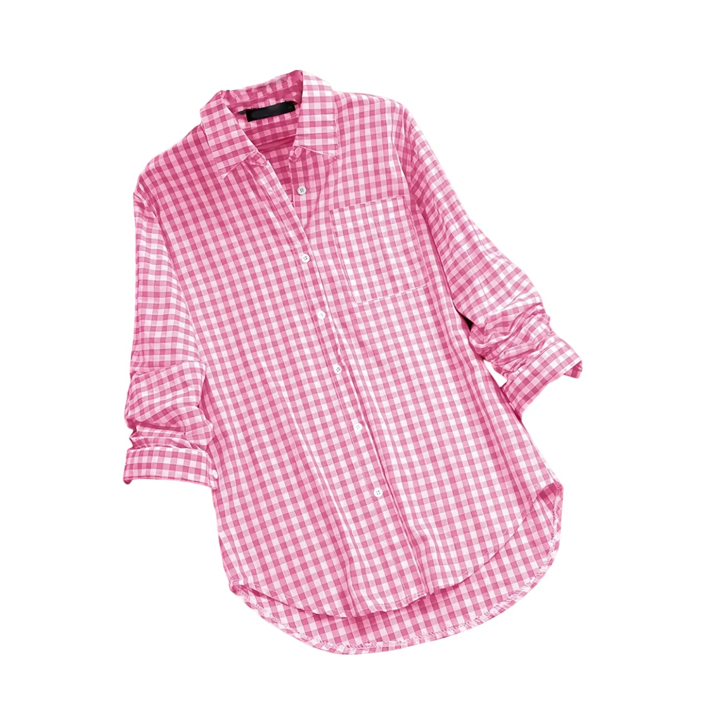 Plaid Cotton-Linen Tunic - V-Neck Roll-Up Sleeve Button-Down Shirt