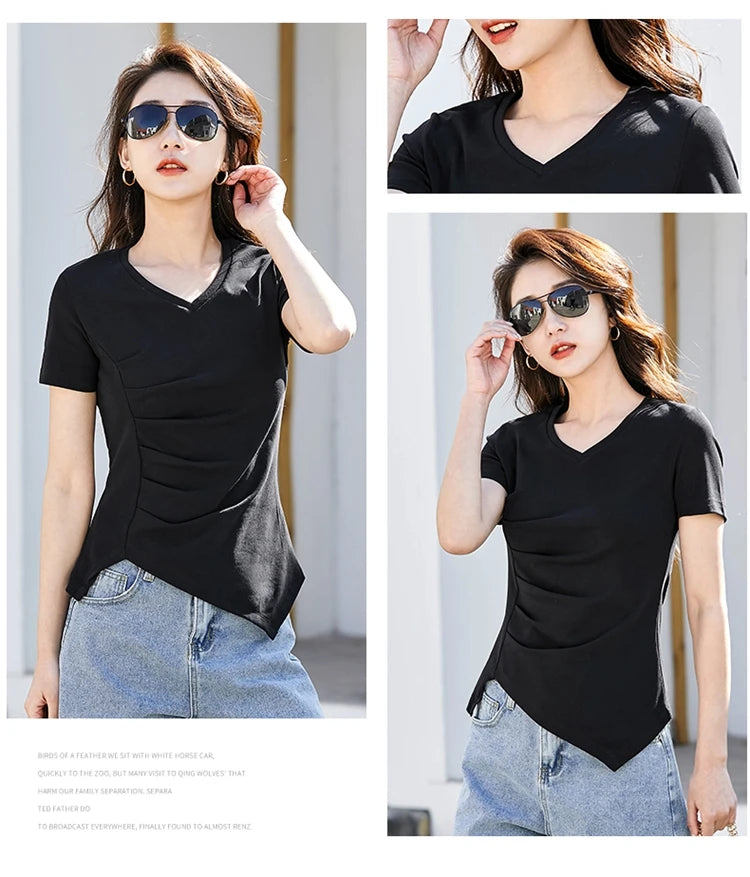 Chic V-Neck Pleated Cotton Tee - Irregular Hem