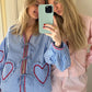 Plaid Heart Patchwork Blouse - V-Neck Lace-Up Long Sleeve