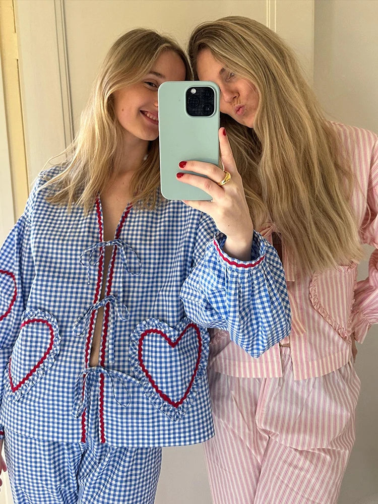 Plaid Heart Patchwork Blouse - V-Neck Lace-Up Long Sleeve