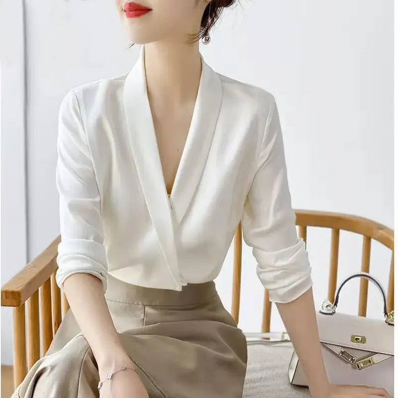 Silk Satin V-Neck Tunic - Long Sleeve, Office Chic