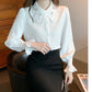 Elegant Chiffon Long Sleeve Blouse - White, Korean Office Style 2025