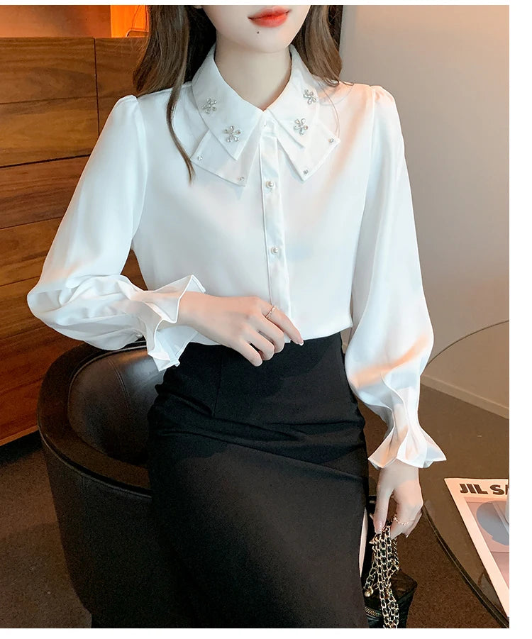 Elegant Chiffon Long Sleeve Blouse - White, Korean Office Style 2025