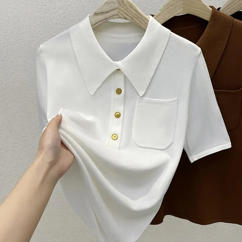 2024 Ice Silk Polo Top - Short Sleeve, Button Pocket Design