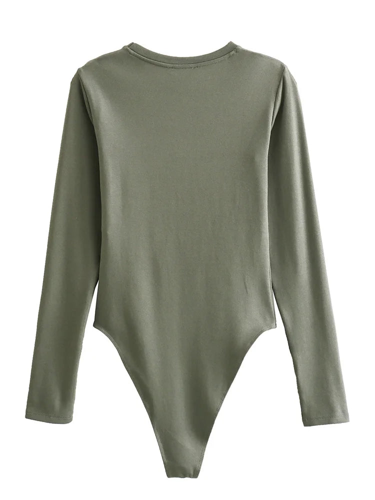 Long Sleeve Slim Jumpsuit - Casual Round Neck Bodysuit for Women