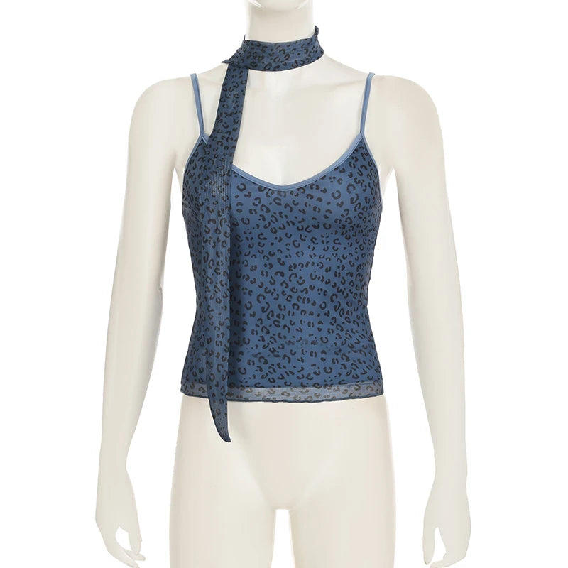 Leopard Print Mesh Camisole - Double Layer, Backless Y2K Style