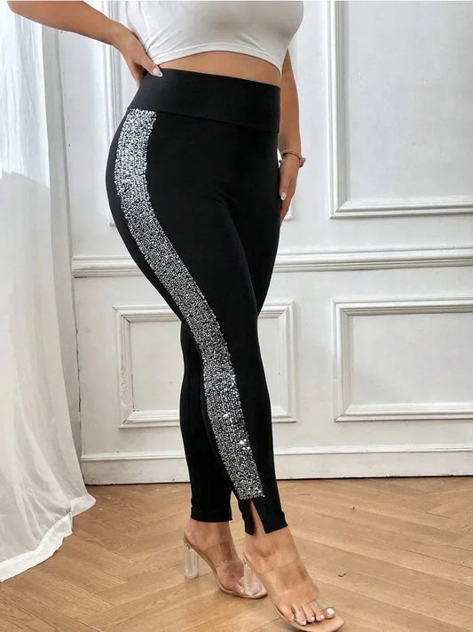Plus-Size Elegant Stretch Leggings – Sequin Side Slim Fit Pants