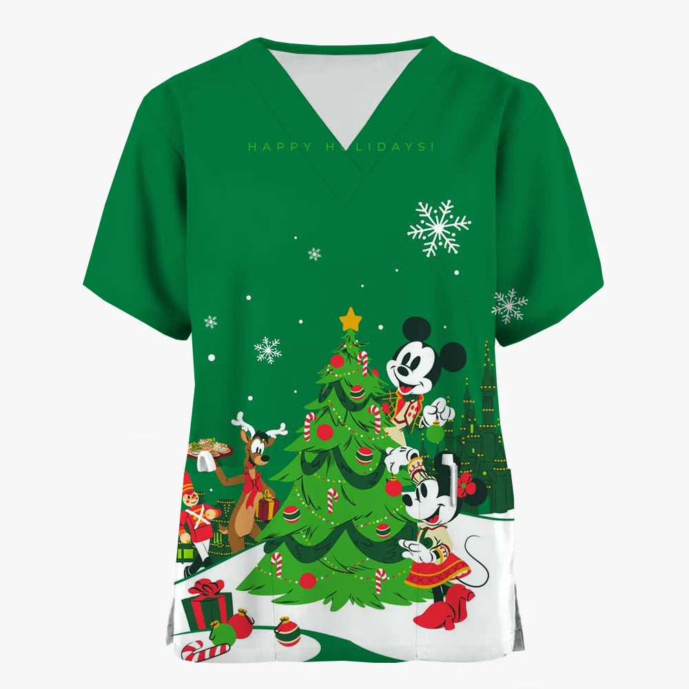 Mickey Mouse Nursing Scrub Top - V-Neck with Pockets, Christmas Edition
