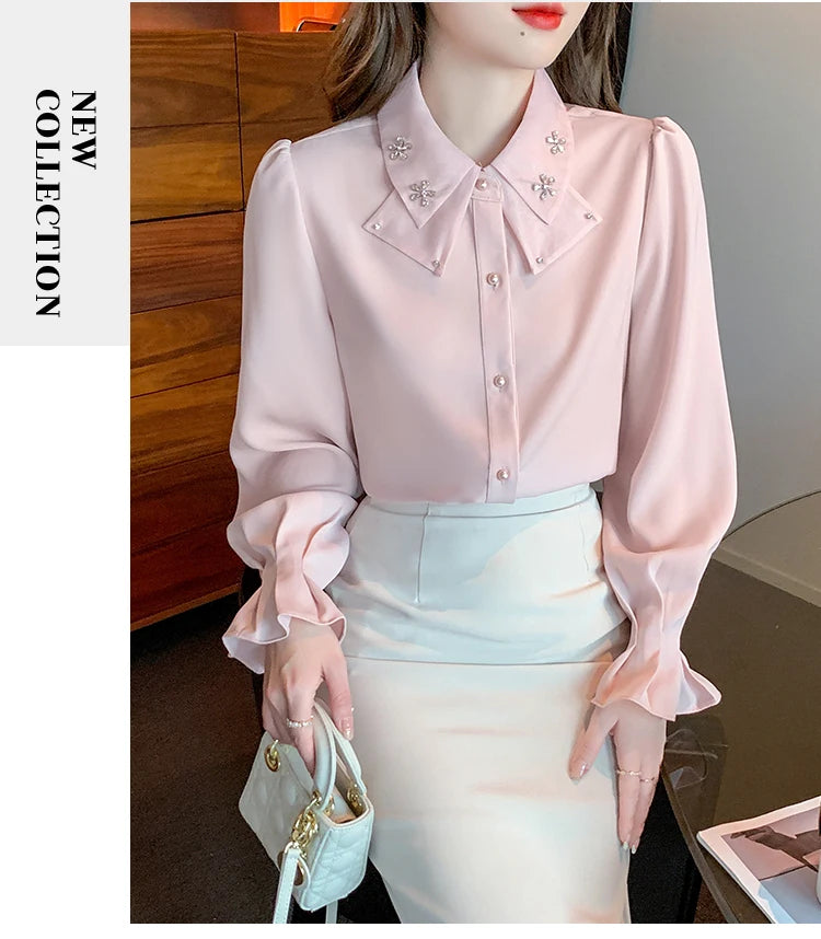 Elegant Chiffon Long Sleeve Blouse - White, Korean Office Style 2025
