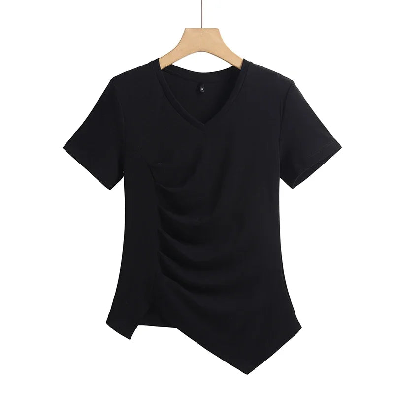 Chic V-Neck Pleated Cotton Tee - Irregular Hem