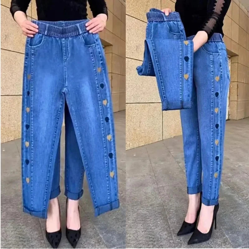 Winter Embroidered High-Waist Skinny Jeans - Stretch Elastic Denim Pants for Women (5XL)