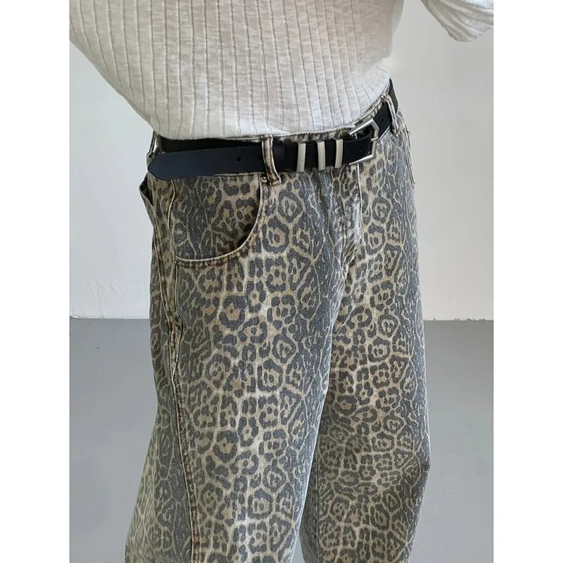 Leopard High-Waist Wide-Leg Jeans - Y2K Harajuku Streetwear Denim Pants for Women