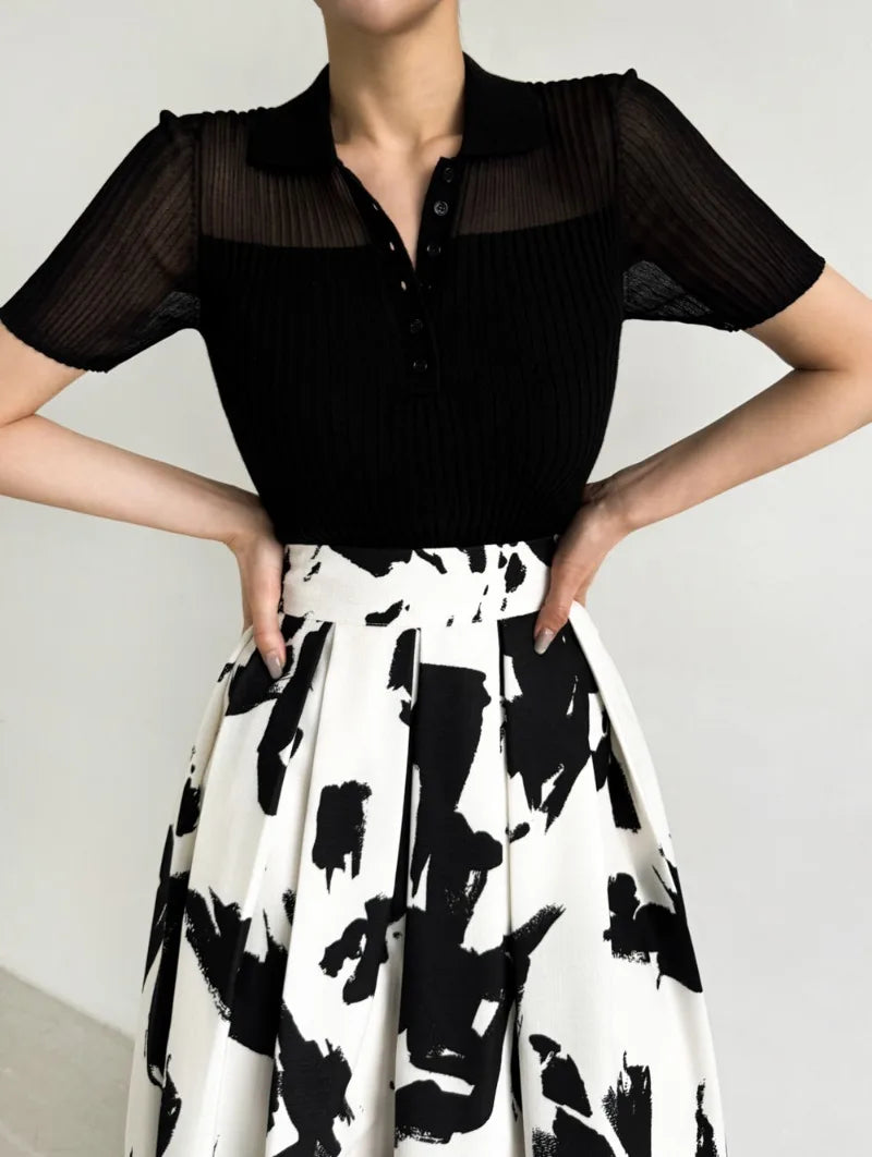 Ice Silk Polo Crop Top - Hollow-Out, Short Sleeve Korean Style