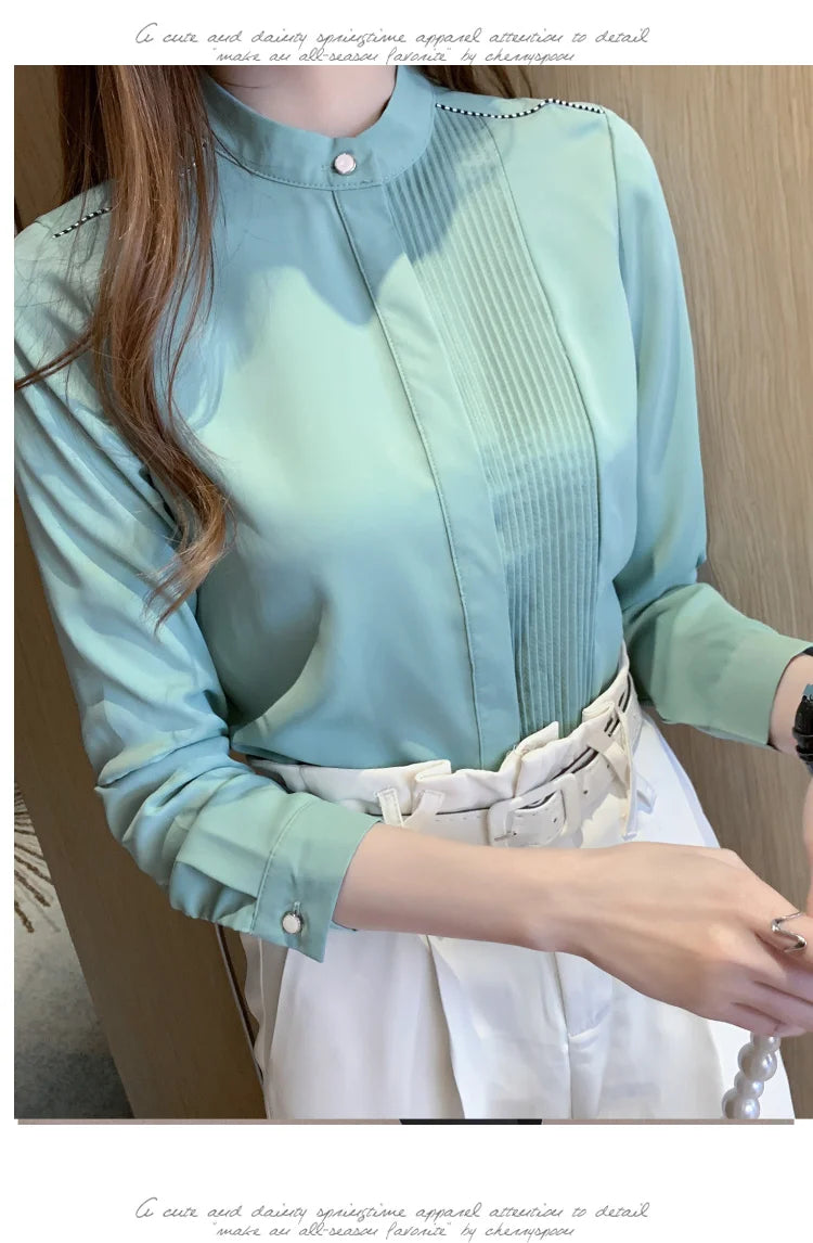 023 Chiffon Bow V-Neck Blouse - Long Sleeve Office Top