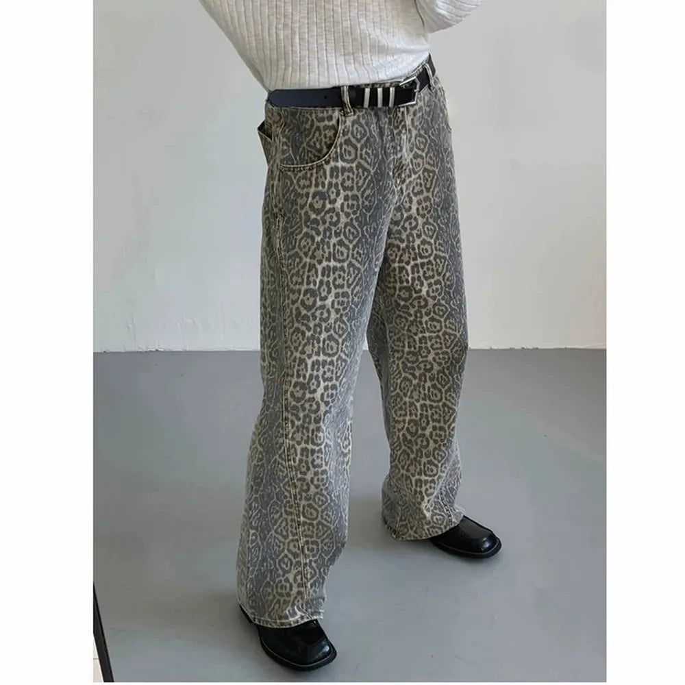 Leopard High-Waist Wide-Leg Jeans - Y2K Harajuku Streetwear Denim Pants for Women