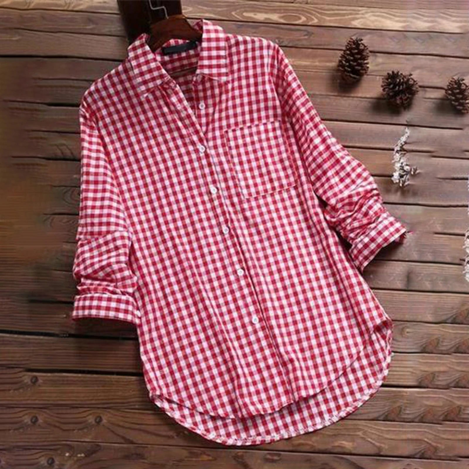Plaid Cotton-Linen Tunic - V-Neck Roll-Up Sleeve Button-Down Shirt