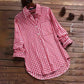 Plaid Cotton-Linen Tunic - V-Neck Roll-Up Sleeve Button-Down Shirt