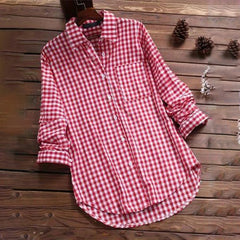 Plaid Cotton-Linen Tunic - V-Neck Roll-Up Sleeve Button-Down Shirt