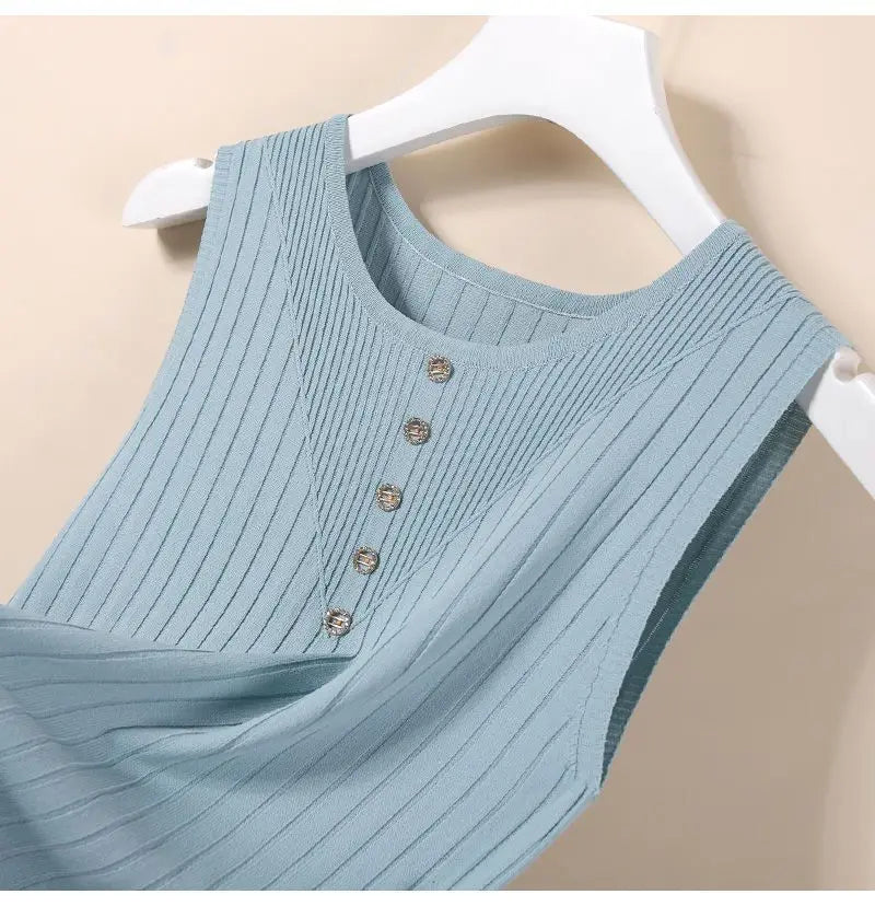 Elegant Knit V-Neck Tank Top - Sleeveless & Striped