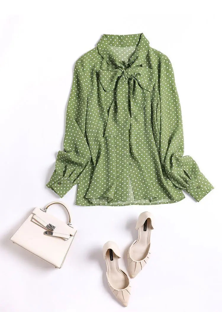 Polka Dot Shawl Collar Blouse - Bow Detail, Long Sleeve