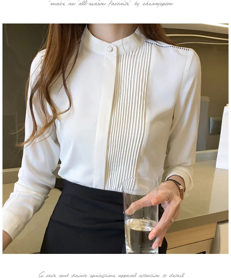 023 Chiffon Bow V-Neck Blouse - Long Sleeve Office Top