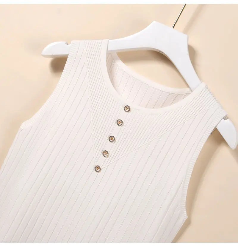 Elegant Knit V-Neck Tank Top - Sleeveless & Striped