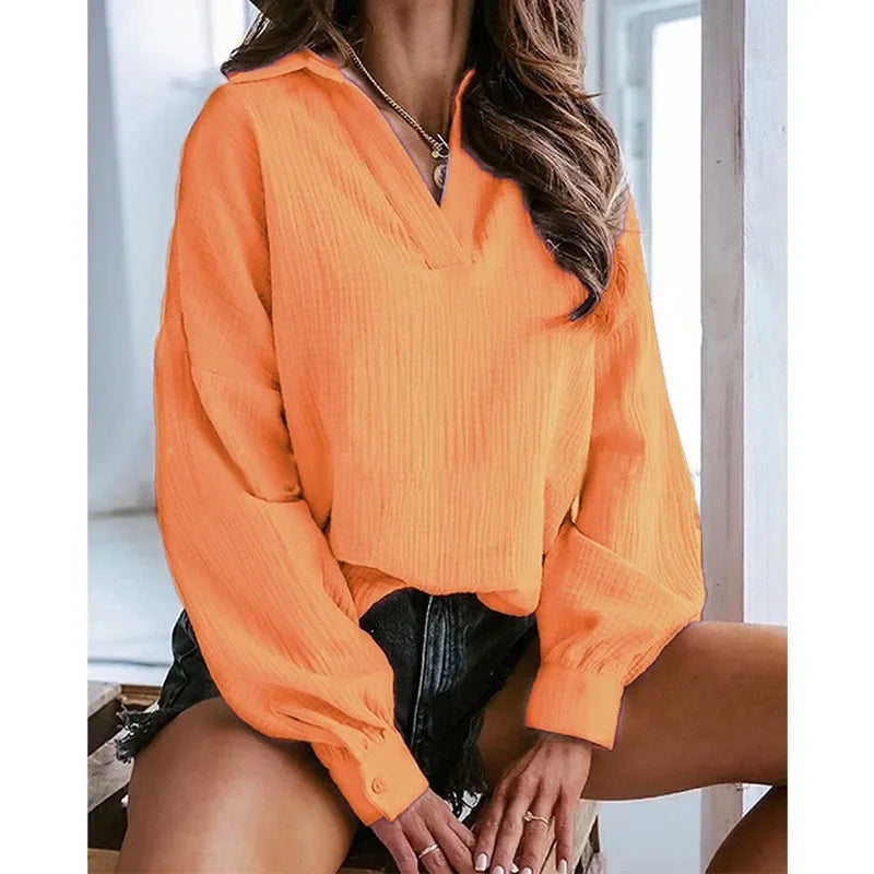 Lantern Sleeve Polo Pullover - Solid Color, Casual Autumn/Winter Top
