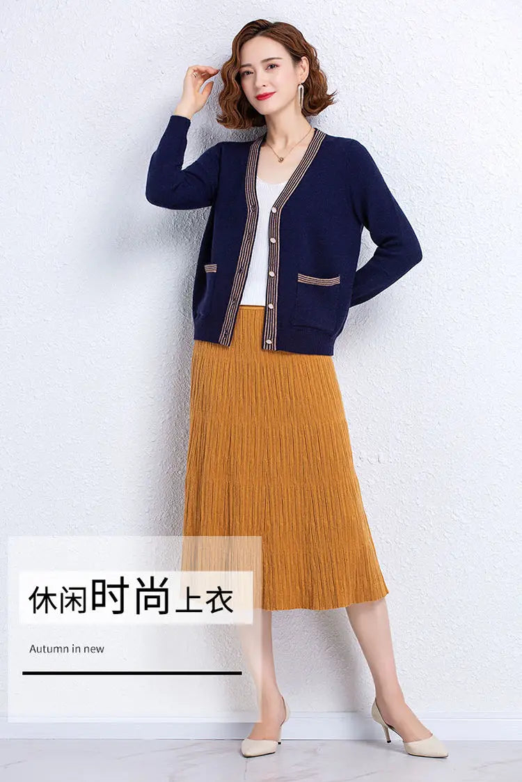 Striped Patchwork Knit Cardigan - V-Neck, Long Sleeve, Autumn 2024