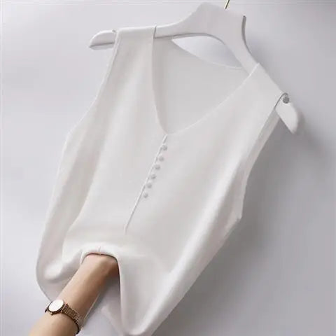 Ice Silk V-Neck Tank Top - Loose Fit Knitted Sleeveless Casual Outerwear for Women (S-6XL)