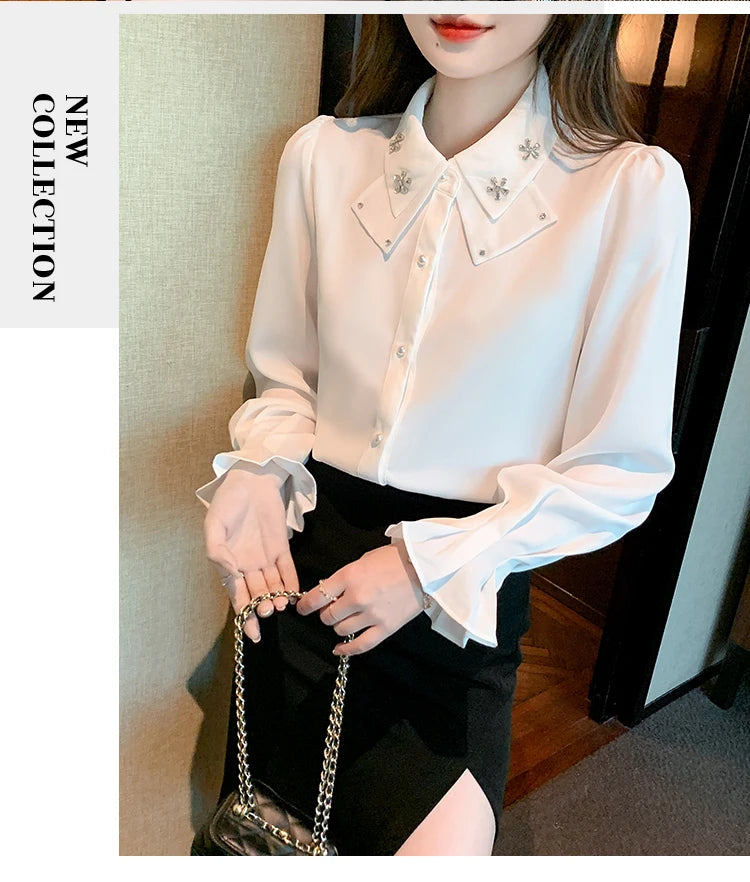 Elegant Chiffon Long Sleeve Blouse - White, Korean Office Style 2025