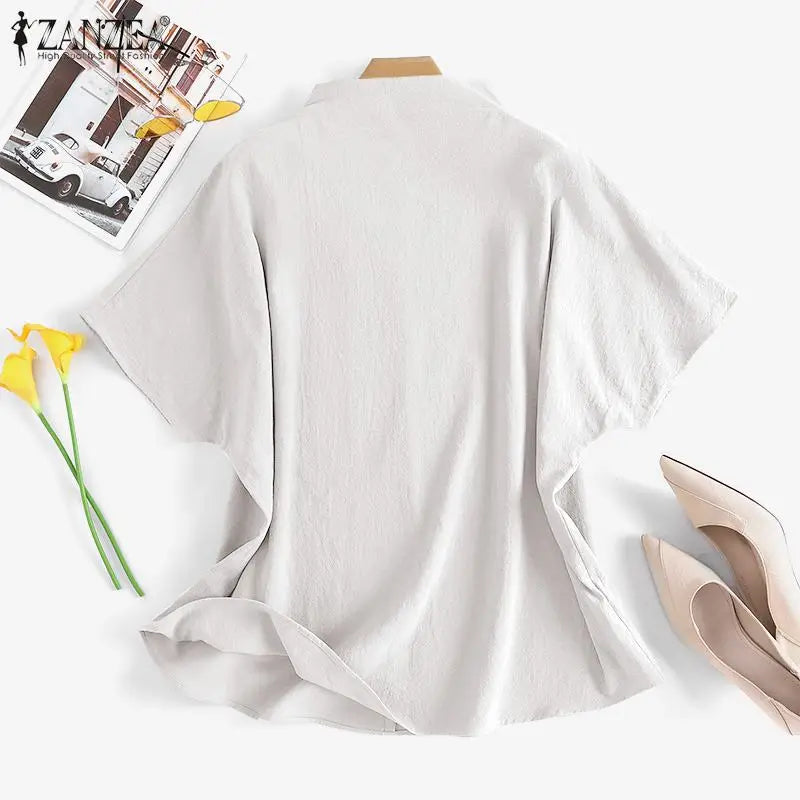 ZANZEA Cotton Turtleneck Blouse - Short Sleeve, Oversized Fit