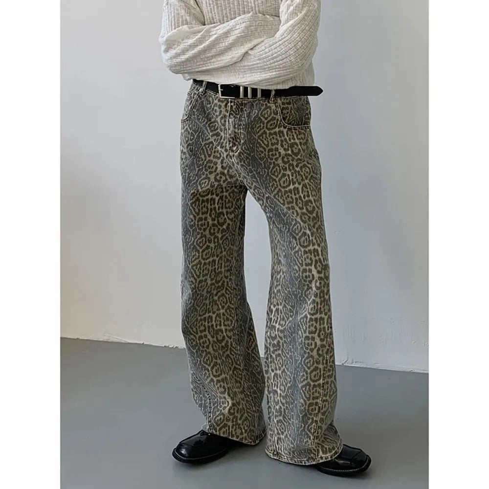 Leopard High-Waist Wide-Leg Jeans - Y2K Harajuku Streetwear Denim Pants for Women