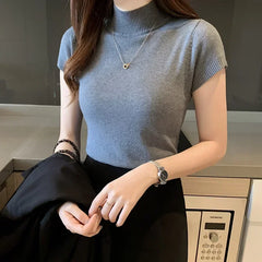 2024 Summer Turtleneck Knit Blouse - Short Sleeve