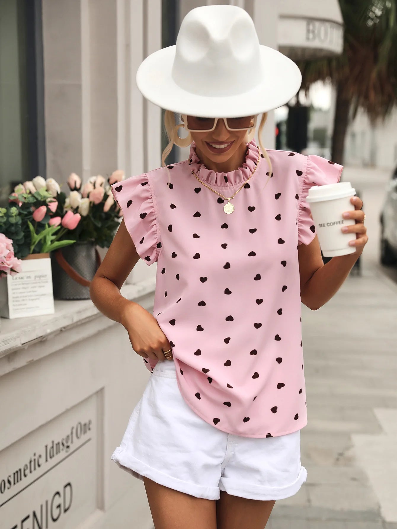 Chic Pink Chiffon Ruffle Blouse - Short Sleeve, Summer 2024